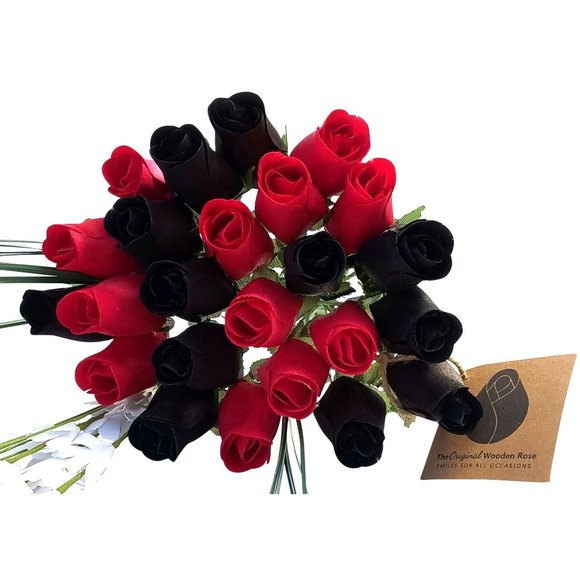 2 Dozen Black and Red Wooden Rose Flower Bouquet. The Original Wooden Rose - Picture 1 of 8